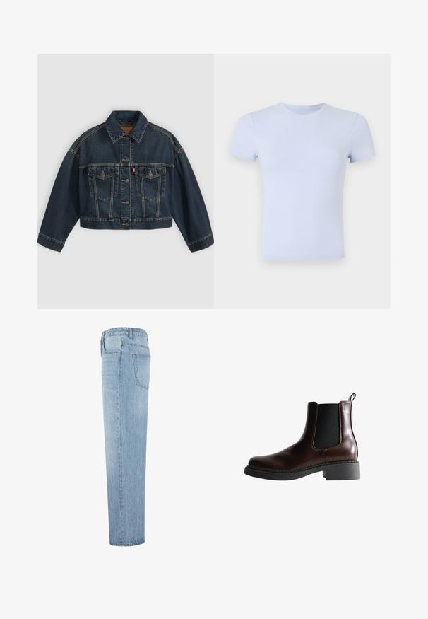 Chaqueta vaquera corta azul oscuro con cierre de botones delanteros, dos bolsillos de solapa en el pecho y cuello clásico, mostrada plana sobre fondo claro.; Good American SUPER STRETCH BABY TEE - Camiseta básica - periwinkle; Jeans de mezclilla rectos de color azul claro con cintura alta y bolsillo trasero visible, mostrados de lado sobre un fondo blanco.; Botín de cuero marrón con paneles laterales elásticos, puntera redonda y suela de goma negra texturizada. Presenta costuras en contraste y una pestaña para facilitar el calce.