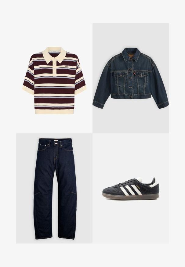 Mørkeblå kort denimjakke med knapper foran, to brystlommer med klapper og klassisk krave, vist fladt på lys baggrund.; Kortærmet polo-shirt i mørkerød og creme striber med lyseblå accenter, der har krave og knaplukning. Blødt strikket stof.; Mørkeblå denimjeans med lige ben, udstyret med lommer foran og bagpå samt kontrasterende gule sømme. Ingen synlige pynt.; Sort Adidas Samba sneaker med hvide striber, gumisål og guldfarvet "Samba" tekst på siden, vist fra venstre profil på ensfarvet baggrund.