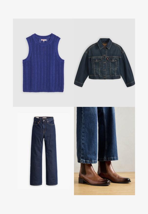 Donkerblauw cropped spijkerjasje met knoopsluiting aan de voorkant, twee borstzakken met klep en klassieke kraag, plat neergelegd op een lichte achtergrond.; Gebreid mouwloos topje in felpaars, met een gemêleerd patroon, een ronde halslijn en ribgebreide randen.; Donkerblauwe rechte spijkerbroek met vijf zakken, oranje stiksels en een knopen sluiting.; Bruine leren enkellaarsjes met elastische zijpanelen, vierkante neus en lage blokhak, gedragen met blauwe jeans. Hardhouten vloer eronder.