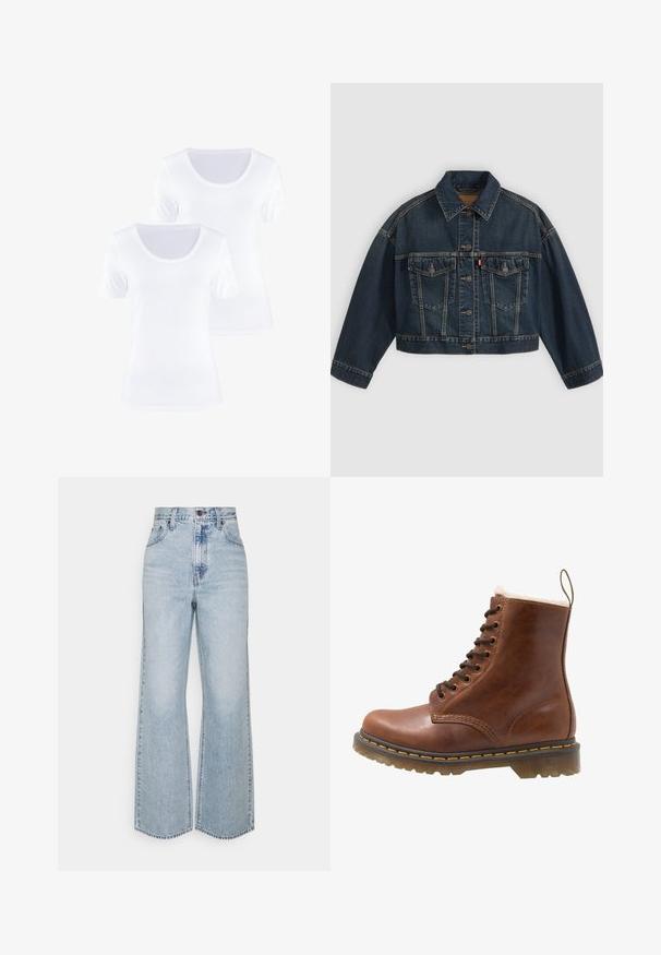 Dunkelblaue kurz geschnittene Jeansjacke mit Knopfleiste vorne, zwei Brustklappentaschen und klassischem Kragen, flach auf hellem Hintergrund dargestellt.; Zwei weiße kurzärmelige T-Shirts mit rundem Halsausschnitt, aus weichem Baumwollstoff, mit glatter Textur und schlichtem Design.; Helle blaue Jeans im weiten Schnitt mit hoher Taille, klassischem Fünf-Taschen-Design und kontrastierenden Nähten. Unfinished Saum am unteren Ende.; Braune Lederstiefelette mit Fellfutter, runder Zehenform, Schnürverschluss und gelben Nähten entlang der Sohle. Robuste Gummisohle für besseren Grip.