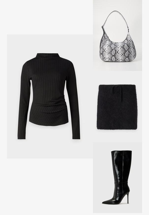 Tissu tricot noir, texture douce et duveteuse, forme rectangulaire avec une taille élastique et un lien ajustable. Design minimaliste.; Good American VICTORIAN FUNNEL NECK - T-shirt à manches longues - black; Bottes noires en cuir, hautes jusqu'au genou, avec un bout pointu et un talon aiguille haut. Texture lisse et design épuré, avec un minimum de détails.; Sac à épaule en simili cuir noir et blanc avec imprimé serpent, de forme arrondie, texture lisse et bandoulière incurvée. Présente un accent en matériel argenté.