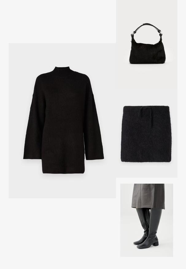 Schwarzer Strickstoff, weicher und flauschiger Textur, rechteckige Form mit einem elastischen Bund und verstellbarem Bindeband. Minimalistisches Design.; Schwarzer oversized Strickpullover mit hohem Stehkragen und langen Ärmeln, der mit einem strukturierten Stoff für zusätzlichen visuellen Reiz ausgestattet ist.; Kniehohe schwarze Lederstiefel mit quadratischer Zehenpartie, schrägem Blockabsatz und seitlichem Reißverschluss; glatte Textur und körperbetontes Design.; Schwarze Kunstfell-Handtasche mit weicher Textur, runder Form und einem stabilen schwarzen Leder-Schulterriemen. Sichtbare silberne Hardware-Akzente.