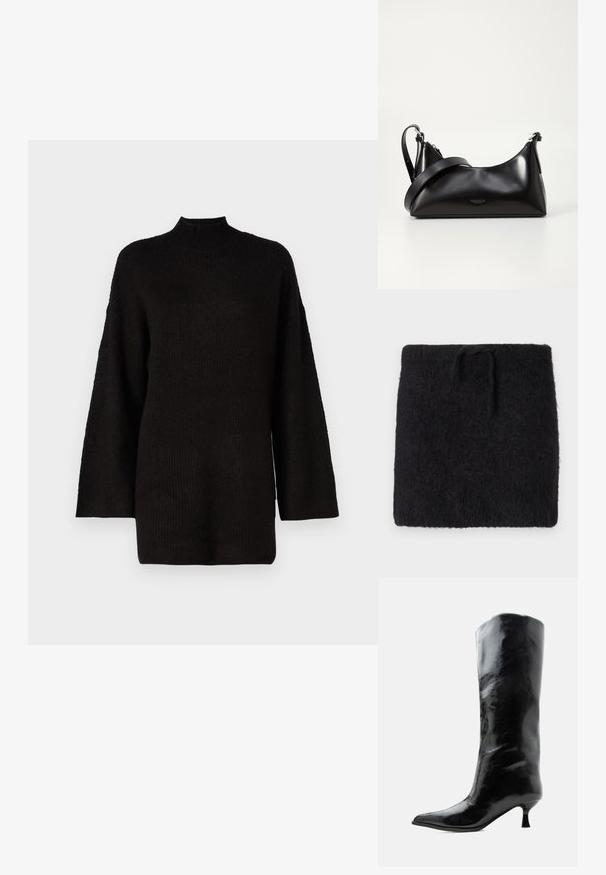 Schwarzer Strickstoff, weicher und flauschiger Textur, rechteckige Form mit einem elastischen Bund und verstellbarem Bindeband. Minimalistisches Design.; Schwarzer oversized Strickpullover mit hohem Stehkragen und langen Ärmeln, der mit einem strukturierten Stoff für zusätzlichen visuellen Reiz ausgestattet ist.; Schwarzer glänzender kniehoher Lederstiefel mit spitzer Spitze und niedrigem, gebogenem Absatz auf einfachem hellem Hintergrund.; Schwarze lederne Handtasche mit glatter Textur. Verfügt über einen verstellbaren Riemen und ein elegantes, minimalistisches Design mit einem Reißverschluss.