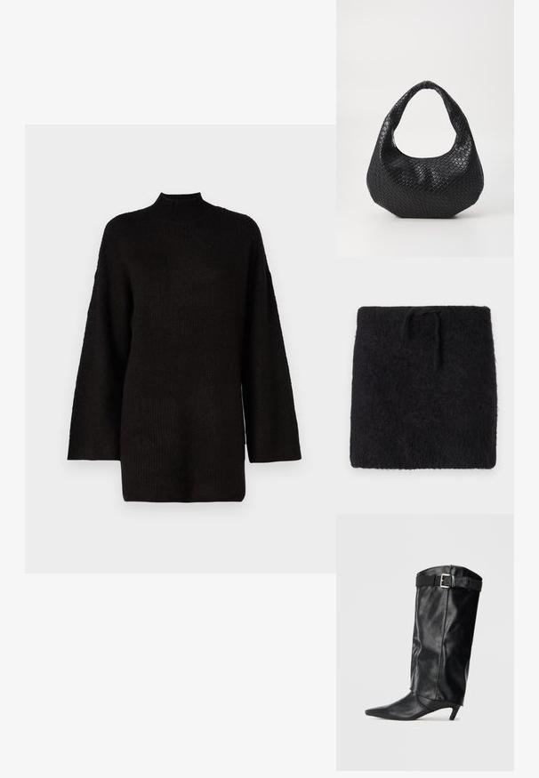 Schwarzer Strickstoff, weicher und flauschiger Textur, rechteckige Form mit einem elastischen Bund und verstellbarem Bindeband. Minimalistisches Design.; Schwarzer oversized Strickpullover mit hohem Stehkragen und langen Ärmeln, der mit einem strukturierten Stoff für zusätzlichen visuellen Reiz ausgestattet ist.; Schwarzer, lederner Knöchelhoher Stiefel mit spitzer Zehe und kleinem Absatz. Verfügt über einen Gürtel am oberen Ende mit einer silbernen Schnalle. Glatte Textur.; Schwarze gewebte Handtasche mit einem gebogenen Griff, die eine strukturierte Oberfläche und eine lässige Form hat. Glatte Oberfläche mit einer organischen Silhouette.