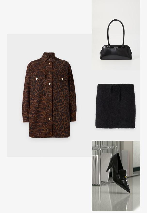 Sort strikket stof, blød og fuzzy tekstur, rektangulær form med elastisk linning og justerbart snoretræk. Minimalistisk design.; Langærmet skjorte med knapper i en blanding af brun camouflage og leopardmønstre, med forlommer med klapper og guldfarvede knapper.; Sort læder højhælet sko med spids snude og dekorativ frynse svævende over en skinnende gulv nær metalreol med dokumenter.; Sort glanshandtaske med en buet silhuet, to håndtag og en frontlogo-plakette. Lynlås lukning og skinnende hardware-detaljer.
