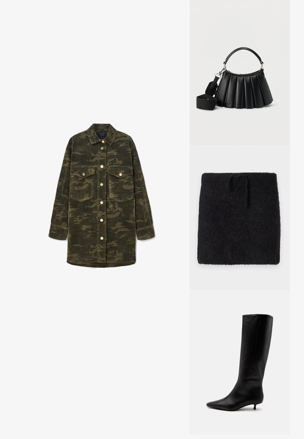 Sort strikket stof, blød og fuzzy tekstur, rektangulær form med elastisk linning og justerbart snoretræk. Minimalistisk design.; Langærmet grøn og brun camo kordfløjl skjortejakke med krave, knaplukning foran og to brystlommer med klap.; Sort læder knæhøj støvle med spids snude og lav kittenhæl mod en ensfarvet lys baggrund.; Sort læderhåndtaske med plissering, kort håndtag og aftagelig bred skulderrem i stof på hvid baggrund.