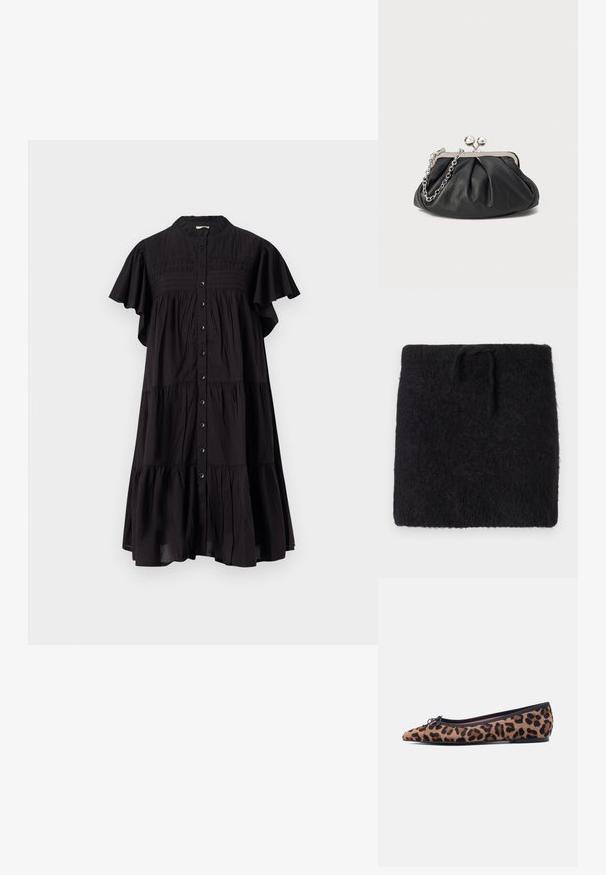 Schwarzer Strickstoff, weicher und flauschiger Textur, rechteckige Form mit einem elastischen Bund und verstellbarem Bindeband. Minimalistisches Design.; Schwarzes Kleid mit Knopfleiste, Rüschensäumen, gestuftem Design und strukturiertem Oberteil. Hergestellt aus leichtem Stoff.; Leopardmuster-Ballerina aus weichem Material, mit spitz zulaufender Zehenpartie, schwarzem Besatz und einer kleinen Schleife vorne.; Schwarze Leder-Clutch mit geraffter Textur, silberfarbener Metallrahmen, Druckverschluss und Kettenriemen. Glatte, weiche Oberfläche.