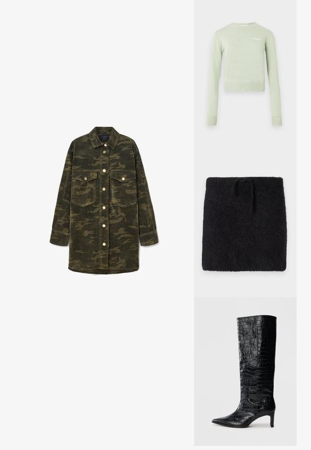 Zwart gebreid stof, zachte en donzige textuur, rechthoekige vorm met een elastische tailleband en verstelbare strik. Minimalistisch ontwerp.; Lichtgroene pullover trui met een geribbelde halslijn en manchetten. Kort, getailleerd ontwerp met een klein wit logo op de borst.; Langarm groen en bruin camouflage corduroy overhemdjack met een kraag, knopen aan de voorkant en twee borstzakken met klep.; Zwarte knielaarzen met een glanzende, krokodillenpatroonstructuur, een puntige neus en een taps toelopende hak. Gladde synthetische materiaal.