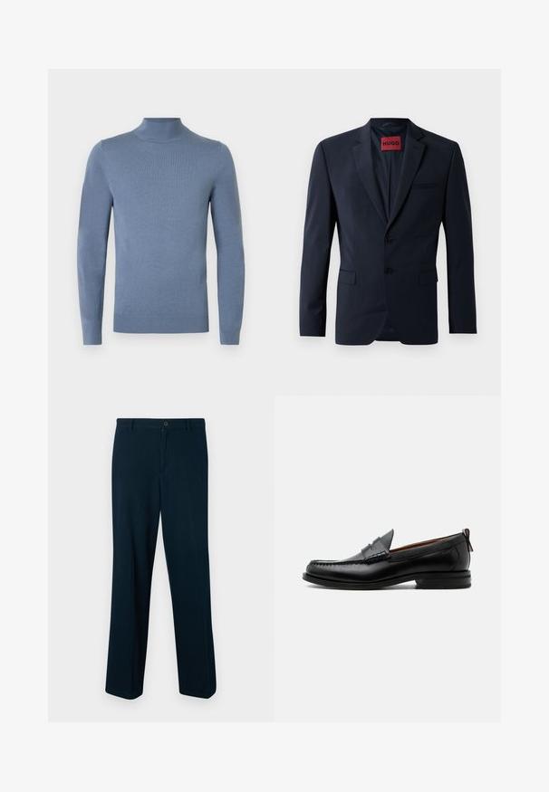 Blazer marine à deux boutons, à revers, avec poches latérales ; présente une étiquette rouge "HUGO" à l'intérieur. Tissu lisse et structuré.; Pull à col roulé bleu clair en tissu tricoté, avec manches longues, col et ourlet côtelés. Design simple sans motifs visibles.; Pantalons bleu marine en tissu lisse, dotés d'une fermeture à bouton, d'une coupe droite et d'un design minimaliste.; Mocassin homme en cuir noir avec couture moc toe, bride penny, col texturé et petit talon empilé sur fond blanc.