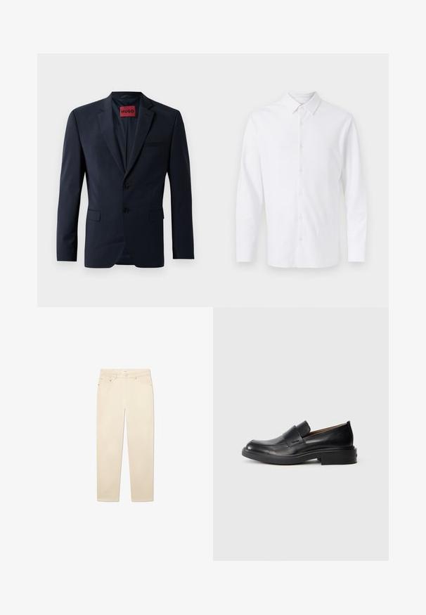 Marineblazer mit zwei Knöpfen, Reverskragen und Eingrifftaschen; innen mit rotem "HUGO"-Label ausgestattet. Glattes, strukturiertes Gewebe.; Weißes langärmliges Hemd mit Knöpfen, spitzem Kragen, Frontknöpfen und einem dezenten gestickten Logo auf der linken Brust.; Weiße-beige Jeans aus Denim mit geradem Bein, fünf Taschen, einem Knopf- und Reißverschluss sowie dezenten Nähten.; Schwarze Leder-Pantoletten mit niedrigem Absatz und dezentem Calvin Klein-Logo an der Seite, im Profil vor einem weißen Hintergrund dargestellt.