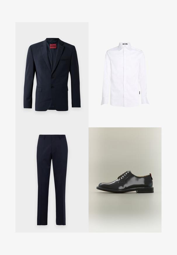 Blazer azul marino con dos botones, solapas de muesca y bolsillos laterales; cuenta con una etiqueta roja "HUGO" en el interior. Tela suave y estructurada.; Camisa blanca de manga larga con cuello clásico, cierre de botones y detalles en los puños. Fabricada con una tela suave, de corte regular y etiqueta en la costura lateral.; Pantalones formales ajustados de color azul marino con pasadores para cinturón y pliegues frontales marcados, exhibidos sobre un fondo blanco liso.; Zapato de vestir negro brillante de cuero con cordones, tacón bajo y puntera redondeada, mostrado de perfil sobre un fondo neutro.