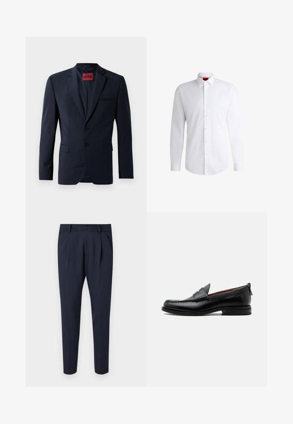 Marineblazer med to knapper, med lapels og sidelommer; indeholder et rødt "HUGO" mærke indeni. Glat, struktureret stof.; Hvid skjorte med knapper lavet af glat stof med klassisk krave, lange ærmer og rundet kant. Har beige knapper foran.; Marinebukser lavet af glat stof, med pile, lynlås- og knaplukning, sidelommer og en tætsiddende ben-design.; Sort læder herre loafer med moc-tå syning, penny strop, struktureret krave og lav stablet hæl på hvid baggrund.