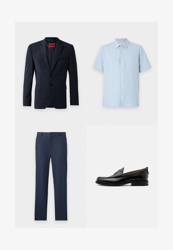Blazer marine à deux boutons, à revers, avec poches latérales ; présente une étiquette rouge "HUGO" à l'intérieur. Tissu lisse et structuré.; Chemise à manches courtes bleu clair et blanc avec petit motif à carreaux et col classique sur fond blanc.; Pantalon bleu marine en tissu texturé avec une coupe droite, présentant une fermeture à bouton à l'avant et sans poches visibles.; Mocassin homme en cuir noir avec couture moc toe, bride penny, col texturé et petit talon empilé sur fond blanc.