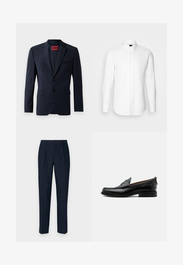 Blazer marine à deux boutons, à revers, avec poches latérales ; présente une étiquette rouge "HUGO" à l'intérieur. Tissu lisse et structuré.; Chemise blanche à manches longues, boutonnée sur le devant, col classique, fabriquée en tissu lisse avec une texture subtile, conçue pour une coupe ajustée.; Pantalons ajustés bleu marine à coupe droite, avec des plis à l'avant, une texture lisse et des passants de ceinture standard.; Mocassin homme en cuir noir avec couture moc toe, bride penny, col texturé et petit talon empilé sur fond blanc.