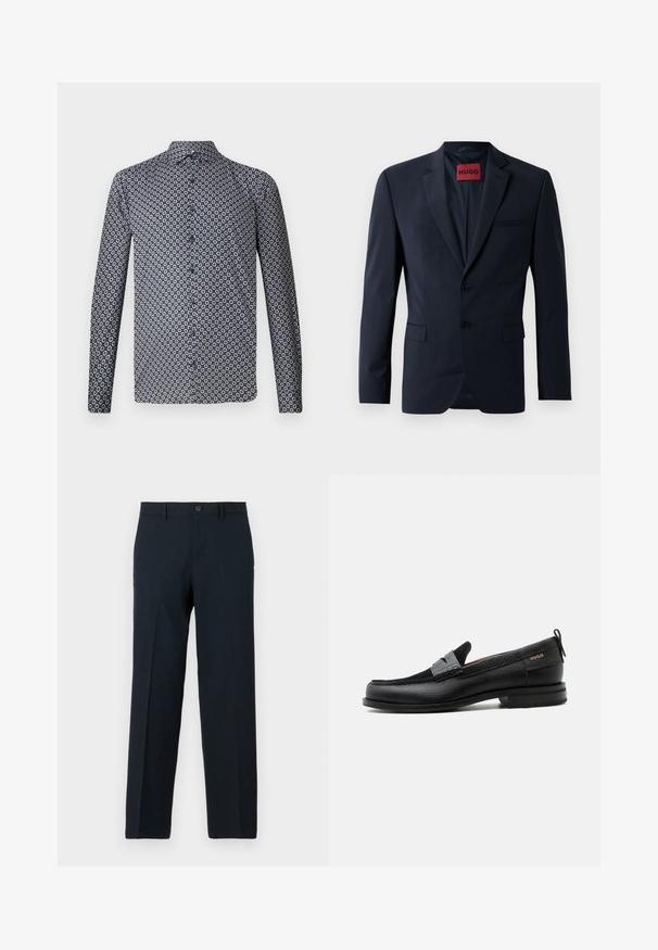 Blazer marine à deux boutons, à revers, avec poches latérales ; présente une étiquette rouge "HUGO" à l'intérieur. Tissu lisse et structuré.; Chemise à manches longues de couleur bleu marine foncé avec un motif floral blanc répété. Dotée d'un col pointu et de boutons sur le devant. Texture de tissu lisse.; Pantalon noir slim-fit avec fermeture par bouton et zip, passants pour ceinture et coupe droite.; Mocassin en cuir noir avec détail de bride grise, talon bas et semelle texturée, marqué "HUGO" en or sur le côté.