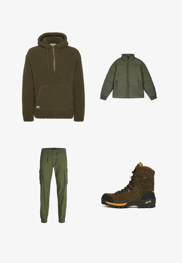 Doudoune vert olive avec un col montant, fermeture éclair sur le devant et deux poches latérales. Présente des panneaux cousus et des poignets côtelés pour plus de chaleur.; Sweat à capuche en polaire sherpa marron avec poche kangourou, demi-zip devant, capuche réglable avec cordon et petite étiquette de marque près de l'ourlet.; Pantalons cargo vert olive avec taille élastique, cordon de serrage, deux grandes poches latérales et bas fuselés. Fabriqués en tissu durable.; Botte de randonnée montante marron avec bout renforcé noir, accents orange, semelle Vibram robuste, et lacets noirs et orange.