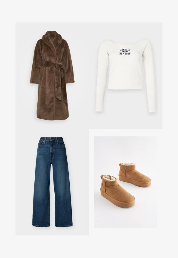 Brun badekåbe i imiteret pels med sjalskrave, lange ærmer, bindebånd i taljen og sidelommer. Blød tekstur og midt-længde design.; Hvid langærmet cropped top lavet af blødt stof, med en bred halsudskæring og et marineblåt print "Montauk 1975 New York" på forsiden.; Blå denimjeans med høj talje og vide ben, forstærket med knap- og lynlåslukning foran, bæltestropper og forlommer på en ensfarvet baggrund.; Lysebrune ankelstøvler i ruskind med imiteret pelsforing, flad platformssål og lynlås i siden for nem påtagning. Har rundet tå og minimal syning.