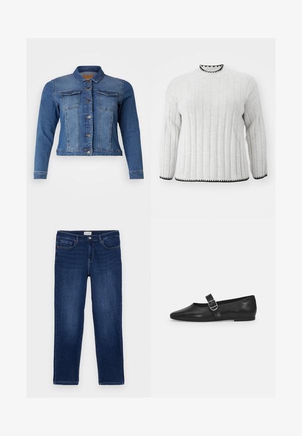 Jeansjacke in mittlerem Blau, mit einer Knopfleiste vorne, zwei Brusttaschen und langen Ärmeln. Klassisches Design mit leichten Ausbleichungen.; Hellgrauer gerippter Pullover mit langen Ärmeln und schwarzem Saum am hohen Kragen sowie am Abschluss. Weiche Textur und lässiges Design.; Dunkelblaue Denim-Jeans im geraden Schnitt, mit Fünf-Taschen-Design, sichtbaren Nähten und einem Metallknopfverschluss am Bund.; Schwarzer Lederflatschuh mit runder Zehenform, einem verstellbaren Schnallenriemen und einer glatten, glänzenden Oberfläche. Minimalistisches Design mit einem niedrigen Absatz.