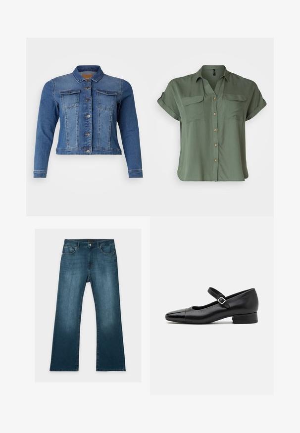 Jeansjacke in mittlerem Blau, mit einer Knopfleiste vorne, zwei Brusttaschen und langen Ärmeln. Klassisches Design mit leichten Ausbleichungen.; Kurzärmeliges, olivgrünes Hemd mit Knopfleiste aus glattem Stoff, ausgestattet mit zwei Brusttaschen und kontrastierenden Knopfdetails.; Blaue Jeans mit geradem Bein, vorderen und hinteren Taschen, Knopf- und Reißverschluss und dezenten verblassten Details an Oberschenkeln und Knien.; Schwarze Leder-Mary-Jane-Schuhe mit einer patentierten Zehenkappe, verstellbarem Knöchelriemen und niedrigem Blockabsatz. Glatte Textur und elegantes Design.