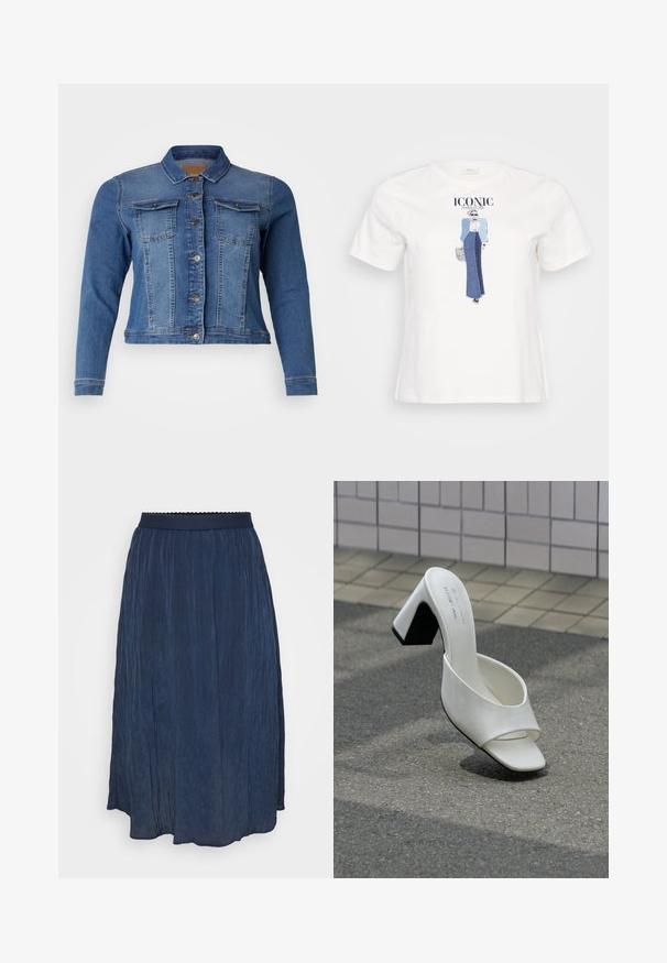 Veste en denim bleu moyen, avec une fermeture à boutons à l'avant, deux poches poitrine et des manches longues. Conception classique avec des détails de décoloration légers.; T-shirt en coton blanc avec une illustration graphique d'une femme portant une veste bleue et une jupe en denim, avec le texte "ICONIQUE" imprimé au-dessus.; Jupe plissée bleu marine avec une taille ornée de bords festonnés. Fabriquée en tissu léger, la jupe possède un design fluide et une texture douce.; Une mule blanche à bout ouvert avec talon bloc posée sur un bitume gris devant un mur carrelé.