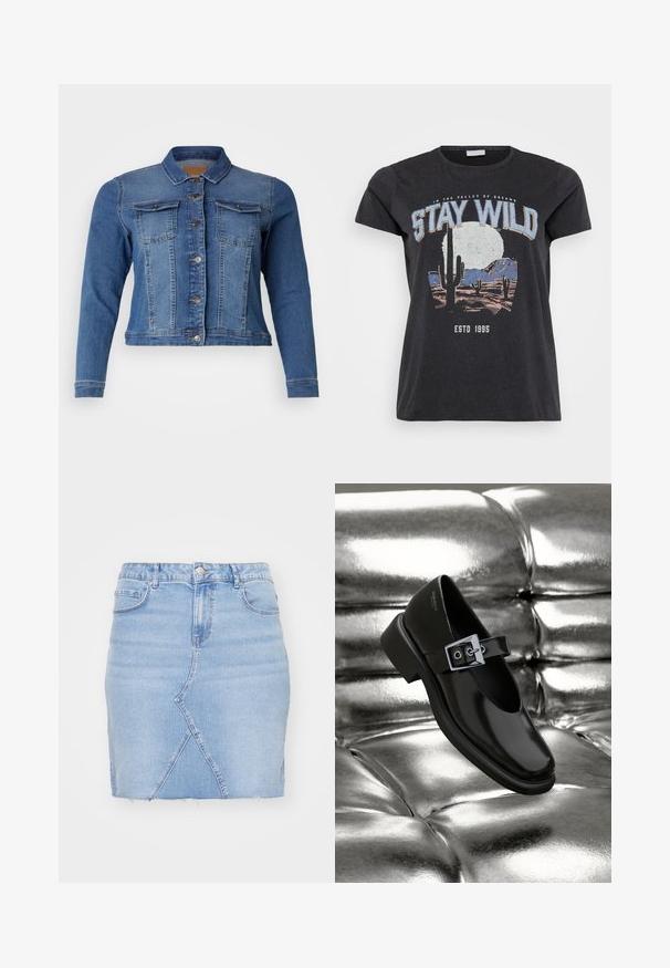 Jeansjacke in mittlerem Blau, mit einer Knopfleiste vorne, zwei Brusttaschen und langen Ärmeln. Klassisches Design mit leichten Ausbleichungen.; Schwarzes Baumwoll-T-Shirt mit einem grafischen Druck einer Wüstenlandschaft mit Kakteen, einem Mond und dem Schriftzug "STAY WILD" in blauer Schrift.; Jeansrock in hellblau, mit taillierter Passform, ausgefranstem Saum und schrägem Nahtdetail. Vordertaschen mit Metallschnappverschluss.; Schwarze Leder-Mary-Jane-Schuhe mit quadratischer Zehenform, einem silbernen Schnallenakzent und einem robusten, niedrigen Absatz, vor einem glänzenden silbernen Hintergrund.