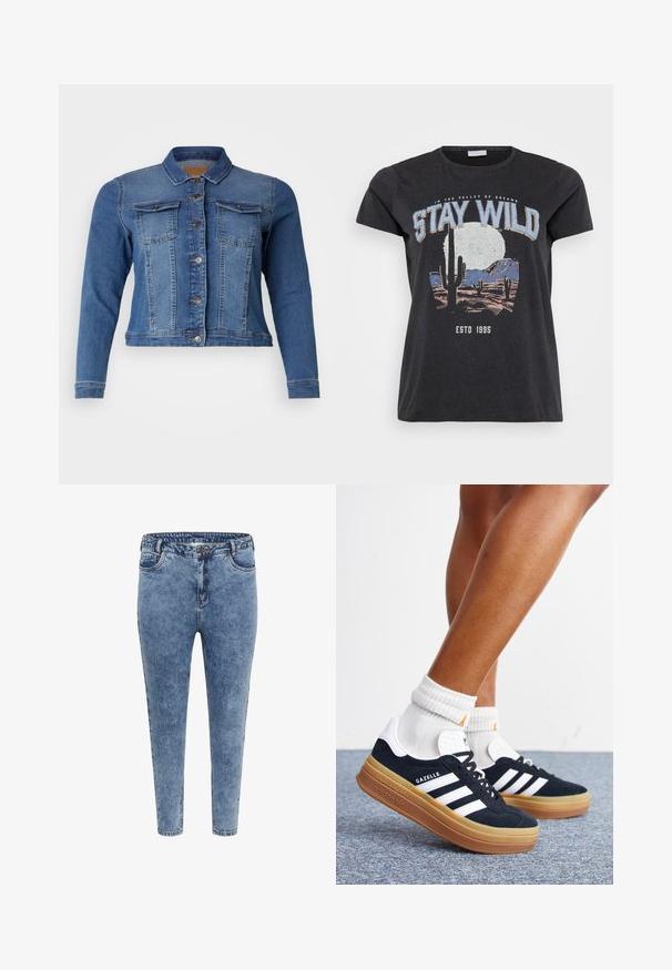 Jeansjacke in mittlerem Blau, mit einer Knopfleiste vorne, zwei Brusttaschen und langen Ärmeln. Klassisches Design mit leichten Ausbleichungen.; Schwarzes Baumwoll-T-Shirt mit einem grafischen Druck einer Wüstenlandschaft mit Kakteen, einem Mond und dem Schriftzug "STAY WILD" in blauer Schrift.; Blaue Skinny Jeans aus Denim mit hoher Taille, fünf Taschen und einem Reißverschluss. Der Stoff hat eine leicht ausgewaschene Textur mit kontrastierenden Nähten.; Beine mit weißen Socken und schwarzen Adidas Gazelle Sneakers mit weißen Streifen und dicken braunen Sohlen auf einem grauen Teppichboden.