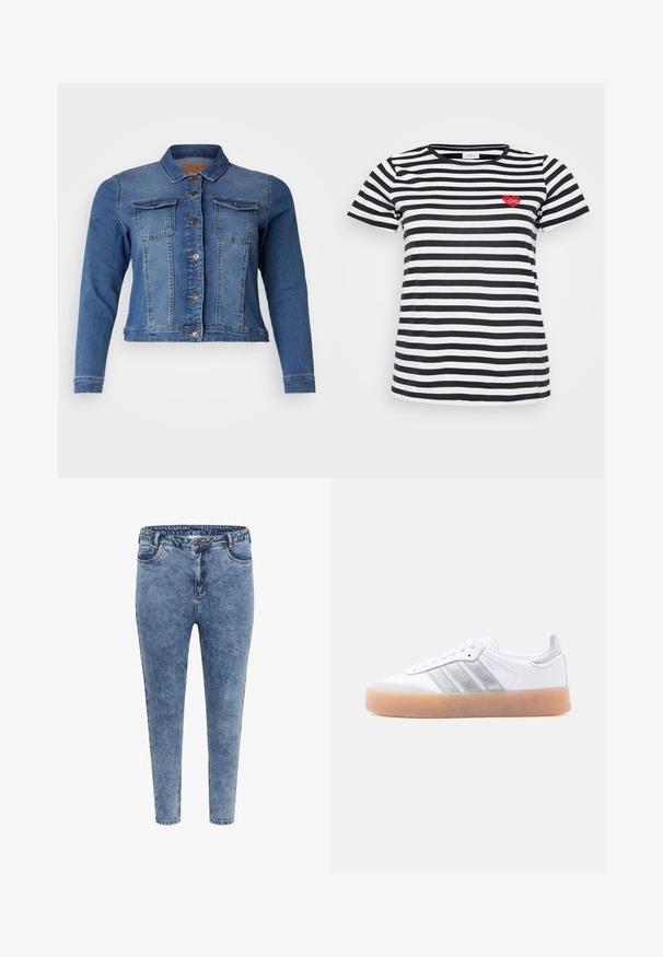 Denimjakke i mellemblå farve med knaplukning foran, to brystlommer og lange ærmer. Klassisk design med let falmende detaljer.; Sort og hvid stribet t-shirt med rund hals og korte ærmer, med en lille rød hjertebrodering på venstre bryst.; Blå denim skinny jeans med høj talje, fem lommer og lynlåslukning. Stoffet har en let falmet tekstur med kontrasterende syninger.; Hvid lavtop-sneaker med gum-gummisål, sølvstribede sideaccents og snørelukning, vist mod en ensfarvet lys baggrund.