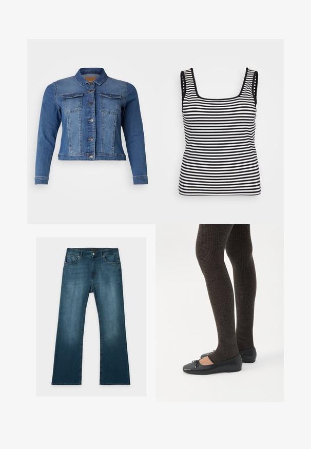 Jeansjacke in mittlerem Blau, mit einer Knopfleiste vorne, zwei Brusttaschen und langen Ärmeln. Klassisches Design mit leichten Ausbleichungen.; Gestreiftes Tanktop in Schwarz und Weiß mit quadratischem Ausschnitt, gerippter Textur, breiten Schulterträgern und dekorativen gewellten Kanten.; Blaue Jeans mit geradem Bein, vorderen und hinteren Taschen, Knopf- und Reißverschluss und dezenten verblassten Details an Oberschenkeln und Knien.; Beine in dunklen, gerippten Leggings kombiniert mit schwarzen Ballerinas mit kleinen Schleifendetails auf weißem Hintergrund.
