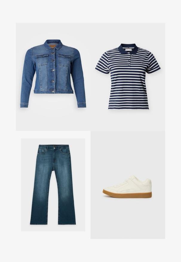 Denimjakke i mellemblå farve med knaplukning foran, to brystlommer og lange ærmer. Klassisk design med let falmende detaljer.; Kortærmet polo t-shirt med horisontale striber i marineblå og hvid, med navy krave og fire knapper på fronten.; Blå jeans med lige ben, foran- og baglommer, knap- og lynlåslukning og subtile falmede detaljer på lår og knæ.; Hvide læder sneakers med lav profil, rund tå og struktureret overflade. Har en gummisål i naturgummi og diskrete syninger.