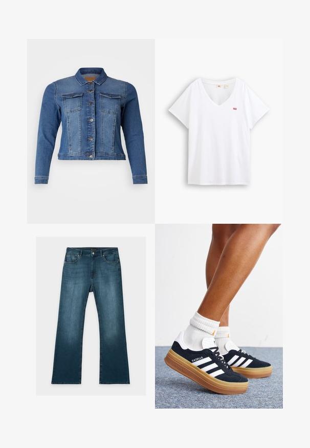 Denimjas in medium blauw, met een knoopsluiting aan de voorkant, twee borstzakken en lange mouwen. Klassiek ontwerp met lichte vervagingdetails.; Witte katoenen T-shirt met een V-hals en korte mouwen. Voorzien van een klein rood logo op de linkerborst. Zachte textuur en ontspannen pasvorm.; Blauwe jeans met rechte pijpen, voor- en achterzakken, knoop- en ritssluiting, en subtiele vervaagde details op dijen en knieën.; Ben met witte sokken en zwarte Adidas Gazelle sneakers met witte strepen en dikke bruine zolen op een grijs tapijt.