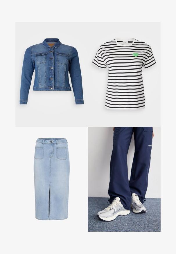 Denimjakke i mellemblå farve med knaplukning foran, to brystlommer og lange ærmer. Klassisk design med let falmende detaljer.; Kortærmet T-shirt med rund hals i sort og hvidstribet, med et grønt fuzzy hjertepatch på venstre brystområde.; Lys blå denim midi-nederdel med en forkortet slids, fem lommer og en tætsiddende talje med bæltestropper og knaplukning.; Nike sportssko med en sølvfarvet mesh-overdel, hvide detaljer og strukturerede såler, parret med løstsiddende navy bukser.