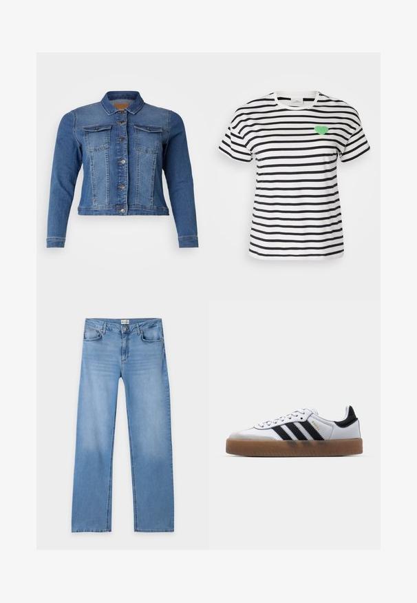 Jeansjacke in mittlerem Blau, mit einer Knopfleiste vorne, zwei Brusttaschen und langen Ärmeln. Klassisches Design mit leichten Ausbleichungen.; Kurzärmeliges T-Shirt mit Rundhalsausschnitt in schwarz-weißen Streifen, ausgestattet mit einem grünen, flauschigen Herz-Patch auf der linken Brustseite.; Hellblaue Jeans mit geradem Bein, Knopf- und Reißverschluss, Gürtelschlaufen und fünf Taschen, flach auf weißem Hintergrund liegend.; Weiße Leder Sneakers mit schwarzen Streifen, Gummigummi-Außensohle, runder Zehenform, Schnürverschluss und weichem grauem Wildleder-Zehenkappe.