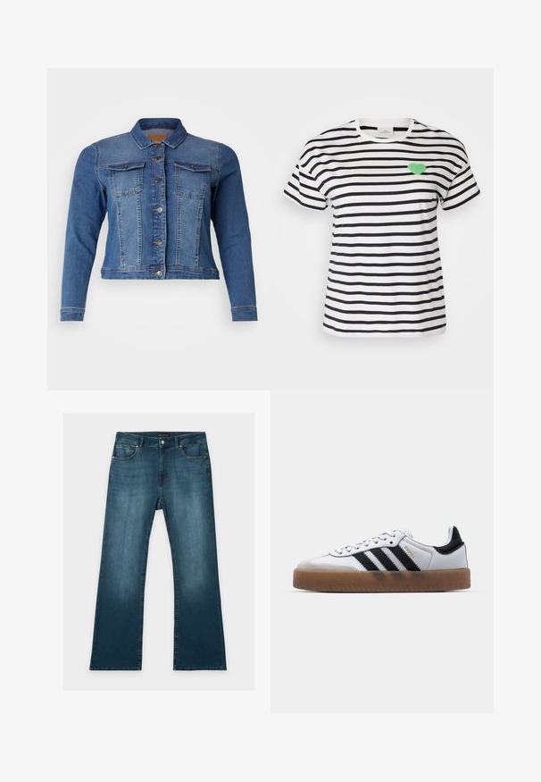 Denimjas in medium blauw, met een knoopsluiting aan de voorkant, twee borstzakken en lange mouwen. Klassiek ontwerp met lichte vervagingdetails.; Korteboom T-shirt met ronde hals in zwart-witte strepen, met een groen fuzzy hartpatch op de linkerkant van de borst.; Blauwe jeans met rechte pijpen, voor- en achterzakken, knoop- en ritssluiting, en subtiele vervaagde details op dijen en knieën.; Witte leren sneakers met zwarte strepen, gumrubberen buitenzool, ronde neus, vetersluiting en een zachte grijze suède neuskap.