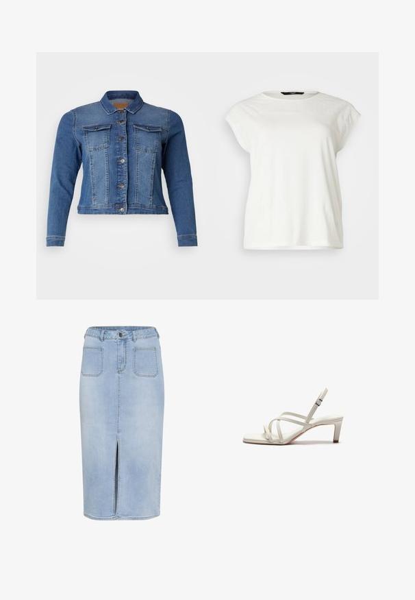 Denimjas in medium blauw, met een knoopsluiting aan de voorkant, twee borstzakken en lange mouwen. Klassiek ontwerp met lichte vervagingdetails.; Witte t-shirt met korte mouwen, voorzien van een gestructureerde kant yoke, ronde halslijn en een ontspannen pasvorm. Zacht katoenen materiaal met subtiele details op de schouders.; Lichtblauwe denim midi-skirt met een voorkleur, vijf zakken en een fitted taille met riemlussen en een knoopsluiting.; Zign by Zalando Klassieke pumps - off white