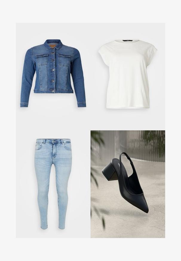 Denimjas in medium blauw, met een knoopsluiting aan de voorkant, twee borstzakken en lange mouwen. Klassiek ontwerp met lichte vervagingdetails.; Witte t-shirt met korte mouwen, voorzien van een gestructureerde kant yoke, ronde halslijn en een ontspannen pasvorm. Zacht katoenen materiaal met subtiele details op de schouders.; Lichtblauwe skinny jeans met een klassiek vijf-pocket ontwerp, knoop- en ritsluiting, en een vervaagde textuur op de stof.; Zwarte leren slingback hak met een spitse neus en een blokhak. Glad oppervlak, minimalistisch ontwerp en verstelbare enkelband.