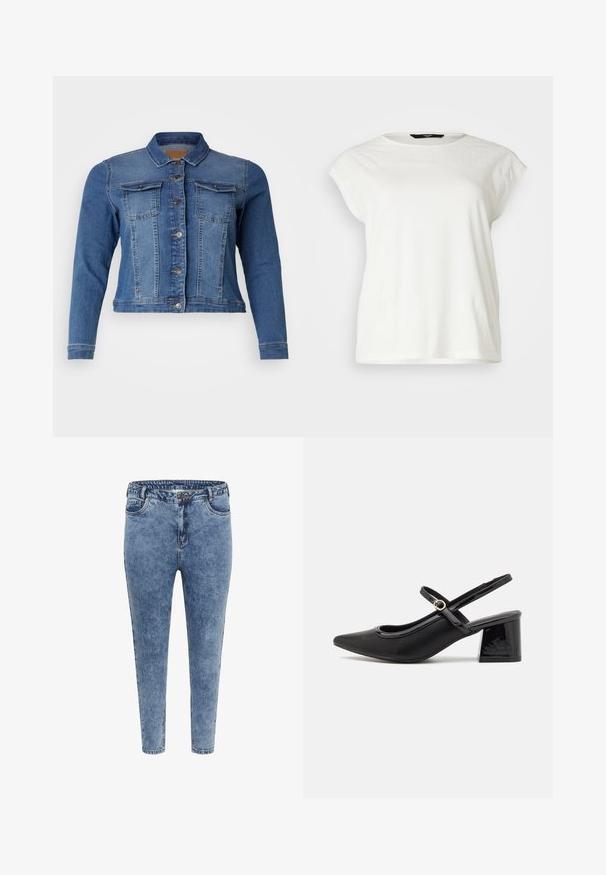 Denimjakke i mellemblå farve med knaplukning foran, to brystlommer og lange ærmer. Klassisk design med let falmende detaljer.; Hvid kortærmet t-shirt med tekstureret blondeindsats, rund halsudskæring og en afslappet pasform. Blødt bomuldsstof med fin detaljer på skuldrene.; Blå denim skinny jeans med høj talje, fem lommer og lynlåslukning. Stoffet har en let falmet tekstur med kontrasterende syninger.; Sorte patentlæder slingback hæle med spids tå, rund udskæring og blokhæl. Har en guldtonet spændeaccents.