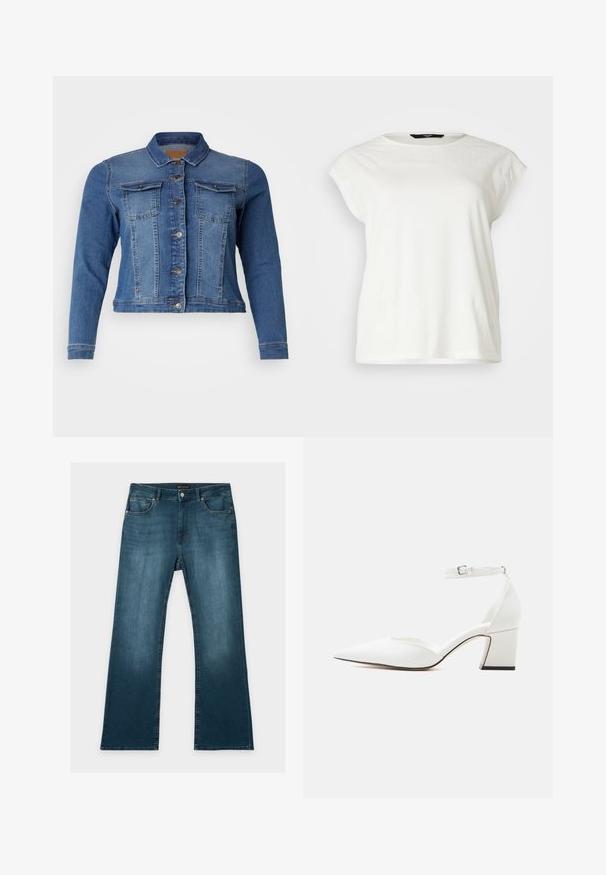 Denimjas in medium blauw, met een knoopsluiting aan de voorkant, twee borstzakken en lange mouwen. Klassiek ontwerp met lichte vervagingdetails.; Witte t-shirt met korte mouwen, voorzien van een gestructureerde kant yoke, ronde halslijn en een ontspannen pasvorm. Zacht katoenen materiaal met subtiele details op de schouders.; Blauwe jeans met rechte pijpen, voor- en achterzakken, knoop- en ritssluiting, en subtiele vervaagde details op dijen en knieën.; Witte schoenen met spitse neus, midhak, enkelbandje met gesp, glad oppervlak en blokhak op een effen lichte achtergrond.