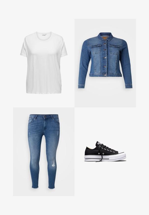 Chaqueta de denim en azul medio, con cierre de botones en la parte frontal, dos bolsillos en el pecho y mangas largas. Diseño clásico con ligeros detalles de desgaste.; Camiseta de algodón blanca con escote redondo y mangas cortas. Corte relajado con una textura suave y sin patrones ni acentos visibles.; Jeans ajustados de denim azul, con detalles desgastados en la parte frontal, secciones descoloridas y un dobladillo deshilachado en los tobillos.; Zapatilla deportiva negra de lona de corte bajo con suela plataforma de goma blanca, cordones negros y ojales de metal sobre fondo blanco.