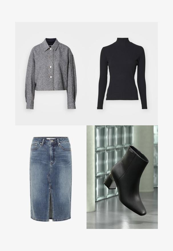 Chaqueta gris recortada hecha de una tela texturizada con un patrón sutil; presenta un cuello puntiagudo, mangas largas y botones a presión plateados.; Top negro de cuello alto con costillas y mangas largas. Fabricado con una tela elástica con forma ajustada y cuello alto. Diseño simple sin adornos.; Falda de mezclilla azul hasta la rodilla con una abertura en el centro delantero, diseño de cinco bolsillos y cierre de botón en la cintura.; Botín de cuero negro con tacón cuadrado, logo DKNY cerca de la parte superior, exhibido frente a una pared de bloques de vidrio y suelo de hormigón pulido.