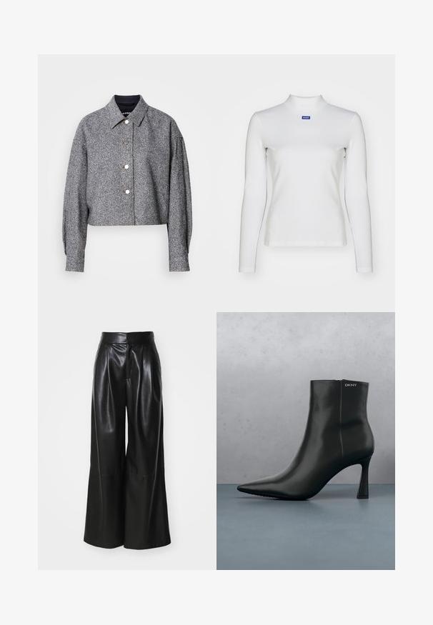 Skratená sivá bunda vyrobená z textúrovanej tkaniny s jemným vzorom; má špicatý golier, dlhé rukávy a strieborné cvoky.; Biely dlhý rukáv turtleneck top vyrobený z elastického materiálu, s priliehavým strihom a malým modrým logom na hrudi.; Čierne nohavice z faux kože so širokým strihom a vysokým pásom, prešitým predným dielom a hladkým povrchom. Obsahujú čistý, minimalistický dizajn.; Čierna kožená členková obuv s špicatou špičkou a geometrickým opätkom. Obsahuje jemné značkovanie a hladkú štruktúru. Pozadie má textúrované dlaždice.