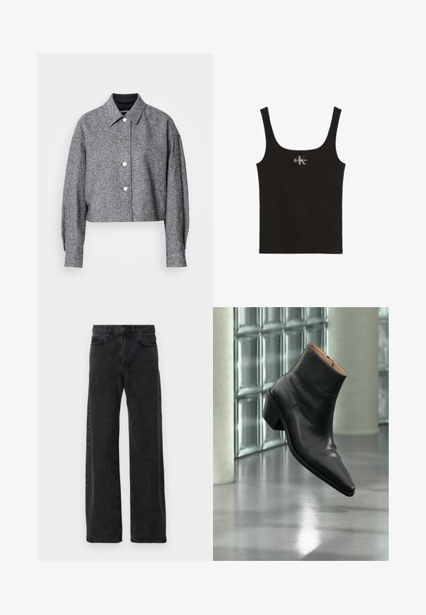 Korte grijze jas van gestructureerde stof met een subtiel patroon; heeft een puntige kraag, lange mouwen en zilveren drukknoopjes.; Zwart geribbeld tanktop met brede bandjes en wit Calvin Klein-logo in het midden van de borst, tegen een witte achtergrond.; Zwarte denim jeans met een wijd pijpdesign, voorzien van de klassieke vijf-pocket stijl, knoopsluiting en subtiele vervaging.; Zwarte leren enkellaars met een spitse neus en blokhak die zweeft boven een reflecterende grijze vloer nabij een glazen blokmuur.