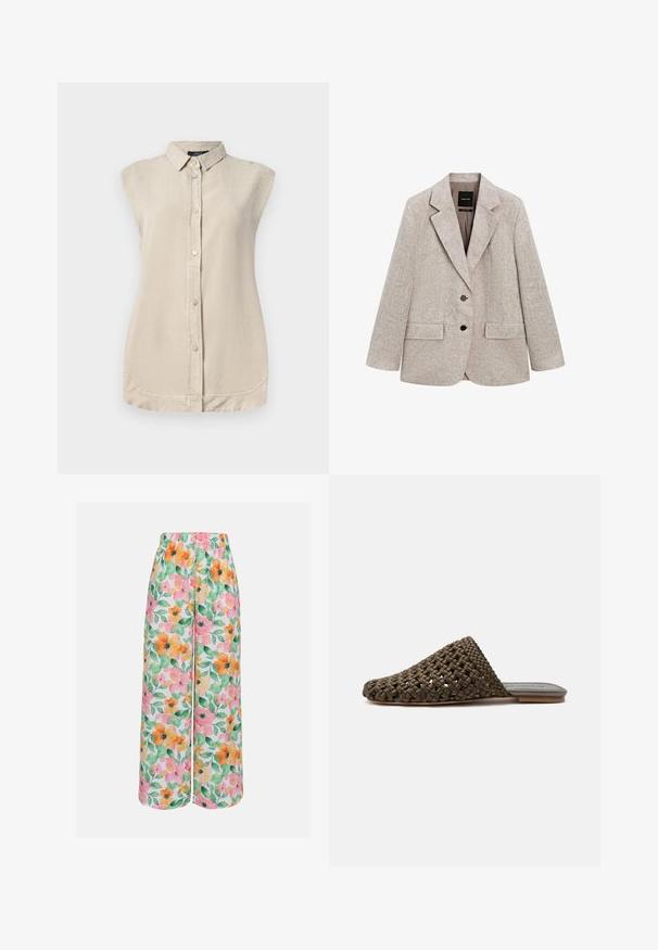 Blazer en lin beige clair avec deux boutons noirs, revers crantés, deux poches à rabat à l'avant et une poche poitrine passepoilée, présenté à plat.; Chemise sans manches beige clair avec un devant boutonné, un col pointu et un ourlet arrondi. Fabriquée dans un tissu doux et texturé.; Pantalons amples à fleurs avec un imprimé multicolore de fleurs roses, oranges et vertes sur un fond blanc. Taille élastiquée.; Mule tissée marron à enfiler avec une semelle plate et un bout fermé arrondi sur fond blanc.