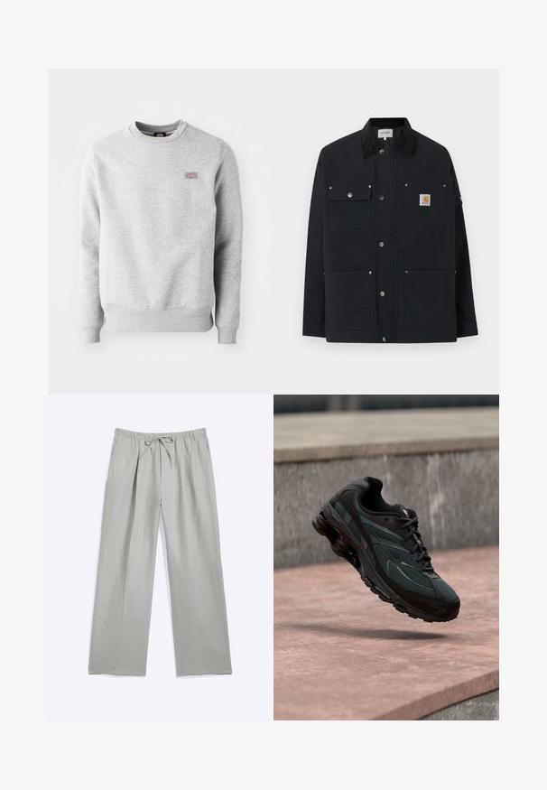 Zwarte Carhartt-jas met vier voorzakken, drukknoopsluiting en een zwarte corduroy kraag, weergegeven tegen een witte achtergrond.; Grijze sweatshirt met een ronde hals, ribgebreide manchetten en onderrand, gemaakt van zacht katoen. Kenmerkt een klein logo op de linkerkant van de borst.; Lichtgrijze, loszittende broek met elastische tailleband en vooraan trekkoord, met rechte brede pijpen en gekreukte voorpanden.; Zwarte atletische sneaker met zichtbare luchtgeveerde tussenzool die boven een roze stenen oppervlak zweeft met een grijze stenen muur op de achtergrond.