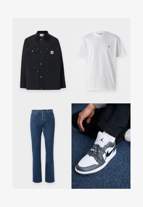 Schwarze Carhartt-Jacke mit vier Fronttaschen, Druckknopfverschluss und schwarzem Cordkragen, vor weißem Hintergrund präsentiert.; Weißes Baumwoll-T-Shirt mit kurzen Ärmeln, Rundhalsausschnitt, mit einem kleinen goldenen Logo im linken Brustbereich. Weicher Stoff und normale Passform.; Straight-leg Jeans aus blauem Denim mit fünf Taschen, Knopfverschluss und sichtbaren Nähten auf neutralem Hintergrund.; Nike Air Jordan 1 Sneakers aus weißem und grauem Leder, mit einem schwarzen Logo, perforierter Zehenpartie und flachen grauen Schnürsenkeln.