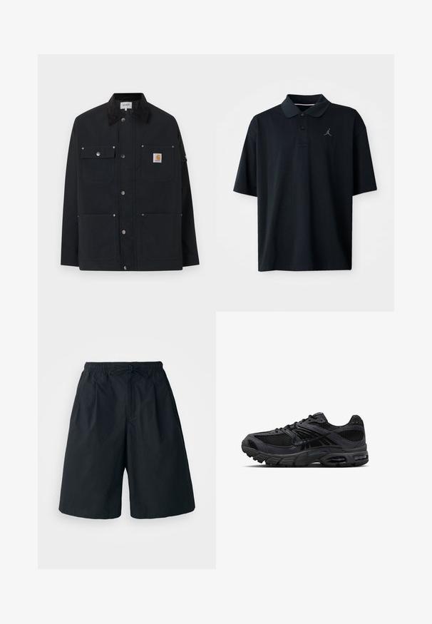 Chaqueta Carhartt negra con cuatro bolsillos delanteros, cierre de botones a presión y cuello de pana negro, exhibida sobre un fondo blanco.; Polo negro hecho de tela suave, con cuello, mangas cortas y un pequeño logo de Jordan en gris bordado en el lado izquierdo del pecho.; Pantalones cortos negros con cintura elástica y cordón ajustable. Hechos de una tela suave, con un corte holgado y sin patrones visibles.; Zapatilla de correr Nike en negro y gris oscuro con tejido de malla, superposiciones de ante, suela acolchada y unidades de aire visibles en el talón y la parte delantera del pie.