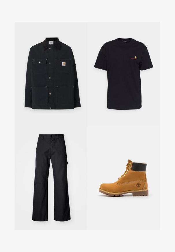 Veste Carhartt noire avec quatre poches avant, fermeture à boutons-pression, et col en velours côtelé noir, présentée sur un fond blanc.; T-shirt en coton noir à manches courtes, col rond, avec un petit logo coloré sur la poitrine gauche. Coupe classique avec une texture lisse.; Pantalons larges noirs en tissu durable. Fermeture à bouton et poches latérales. Texture lisse avec un design épuré.; Bottine en cuir brun avec œillets en métal, doublure en fourrure blanche, col rembourré noir, semelle robuste et logo en relief sur le côté.