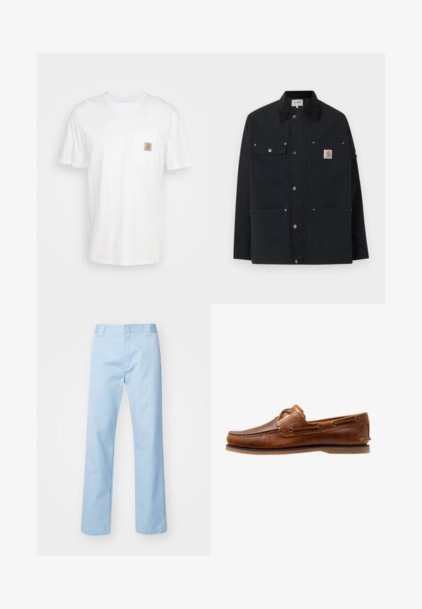 Schwarze Carhartt-Jacke mit vier Fronttaschen, Druckknopfverschluss und schwarzem Cordkragen, vor weißem Hintergrund präsentiert.; Weißes Baumwoll-T-Shirt mit kurzen Ärmeln, einer Brusttasche und einem kleinen quadratischen Logopatch in Orange und Weiß auf der Tasche.; Helleblau geradlinige Hose aus Baumwollmischgewebe. Verfügt über einen flachen Bund, Seitentaschen und keine sichtbaren Muster oder Verzierungen.; Braune Lederbootsschuhe mit gesteppten Akzenten, metallischen Ösen, einer erhöhten Naht an der Zehe und einer flachen Gummisohle.