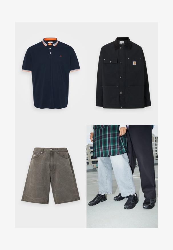 Schwarze Carhartt-Jacke mit vier Fronttaschen, Druckknopfverschluss und schwarzem Cordkragen, vor weißem Hintergrund präsentiert.; Marineblaues Poloshirt aus Baumwolle mit Kragen, der orange- und graublaue Streifen aufweist, einer Knopfleiste mit drei Knöpfen und einem kleinen bestickten Logo auf der Brust.; Hoch taillierte, grau gewaschene Jeansshorts mit Vordertaschen, Gürtelschlaufen, Knopfverschluss und subtiler, gekräuselter Struktur.; Schwarze Sportschuhe mit Mesh- und Gummielementen. Kombiniert mit hellgrauen weiten Jeans und einem karierten grünen Oberteil. Flacher Hintergrund.
