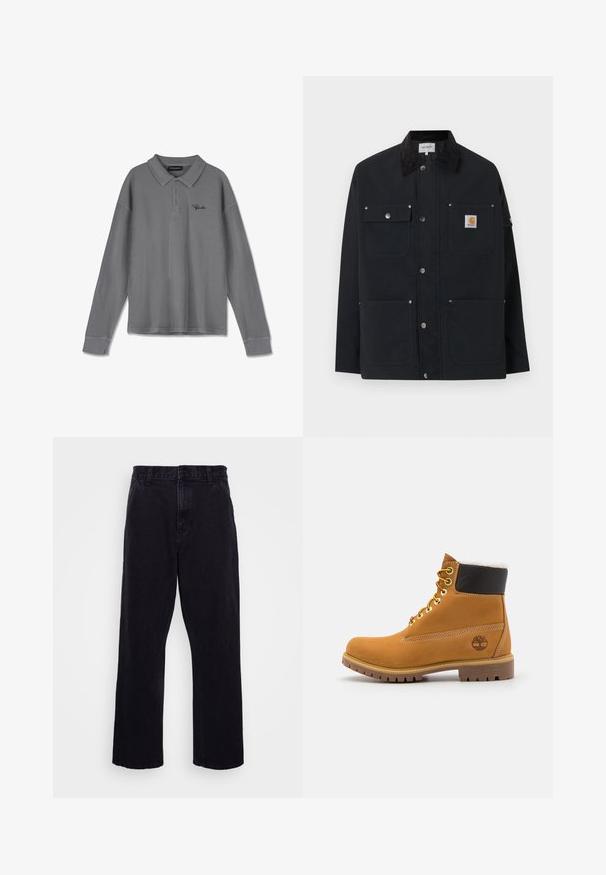 Schwarze Carhartt-Jacke mit vier Fronttaschen, Druckknopfverschluss und schwarzem Cordkragen, vor weißem Hintergrund präsentiert.; Langarm-Polohemd aus gestreiftem grauem Stoff. Verfügt über einen Kragen, eine Drei-Knopf-Leiste und dezente schwarze Markenkennzeichnung auf der Brust.; Schwarze Jeanshose mit geradem Bein, ausgestattet mit einem Knopf- und Reißverschluss, Gürtelschlaufen und minimalen Nähdetails.; Braune Leder-Ankle-Boots mit Metallösen, weißem Kunstfellfutter, schwarzem gepolstertem Kragen, robustem Sohlenprofil und geprägtem Logo an der Seite.