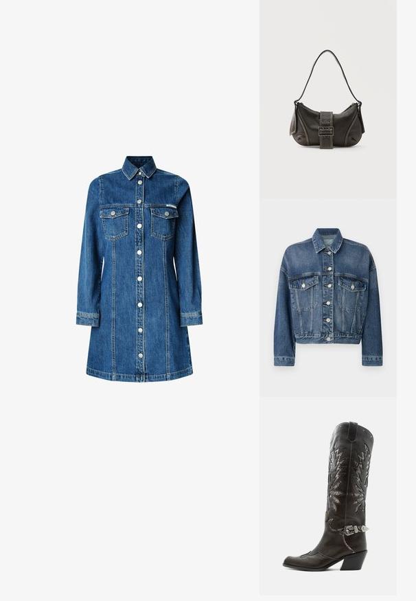 Jeansjacke mit klassischem Schnitt, hellblauer Farbe, zwei Brusttaschen, silbernen Knöpfen und kontrastierenden Nähten.; Denimhemdkleid, lange Ärmel, durchgehende Knopfleiste, zwei Brusttaschen, klassischer Kragen, mittelblaue Farbe und leichte Steppdetails.; Schwarzer Leder-Cowboystiefel mit dekorativen Ausschnitten, silberner Schnalle und schräger Ferse, auf weißem Hintergrund dargestellt.; Schwarze Leder-Schultertasche mit Schnallengurt-Detail, abgerundeten Kanten und kontrastierenden weißen Nähten auf schlichtem Hintergrund.